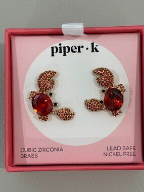 Piper K CRAB Gold-Tone Earrings with Bright Orange Crystal Accents New in Box